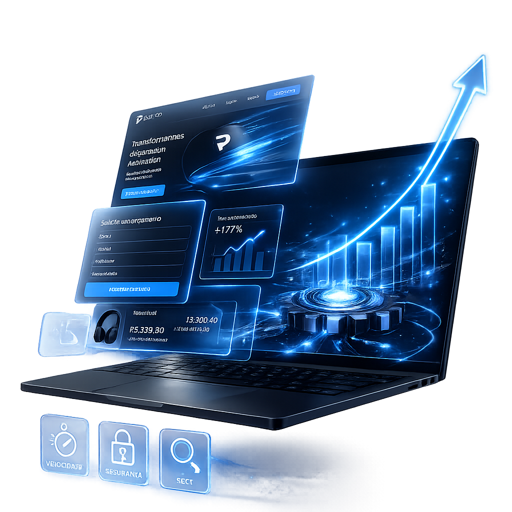 Notebook 3D em perspectiva apresentando a interface de um sistema desenvolvido pela Perlo, com gráficos de performance e dashboard corporativo na tela